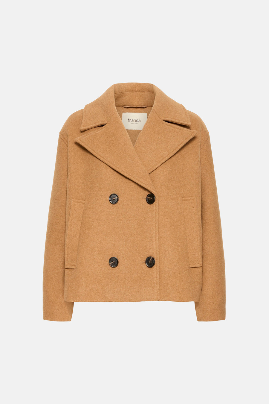 Veste courte en laine cognac à double boutonnage par Fransa®, col ample, poches plaquées, vue de face