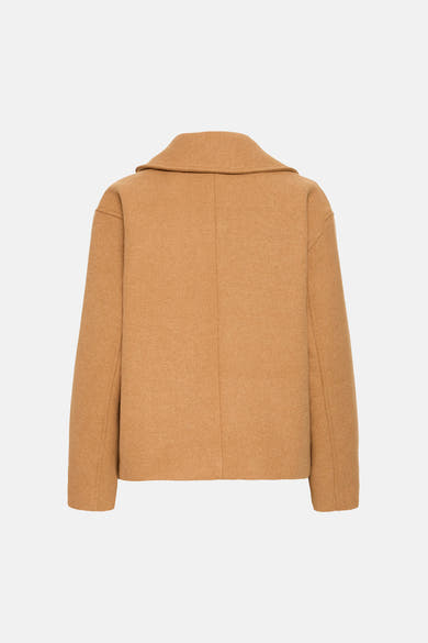 Veste courte en laine cognac de Fransa®, vue dos, coupe droite, col rabattu, texture douce et uniforme