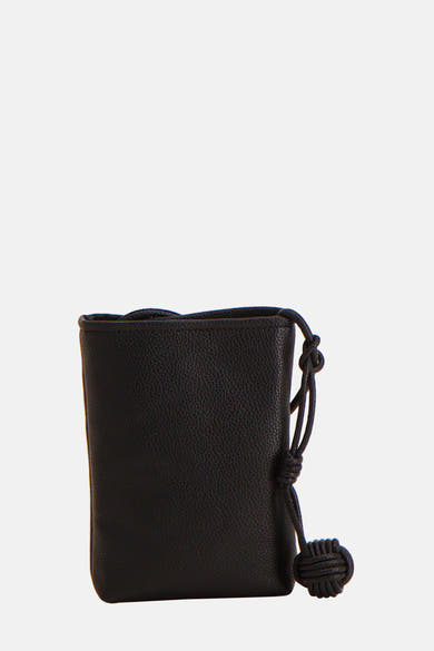 Petit sac noir de Fransa, avec lien de serrage noué et texture grainée.