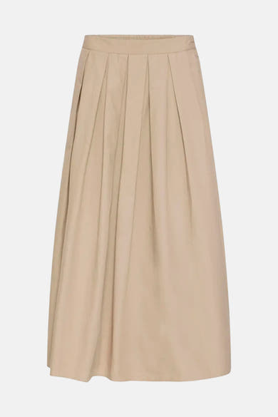 Beige geplooide lange rok van Fransa, vooraanzicht.
