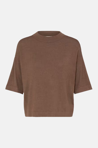 Brown ribbed knit O-neck pullover with short sleeves and relaxed fit, front view