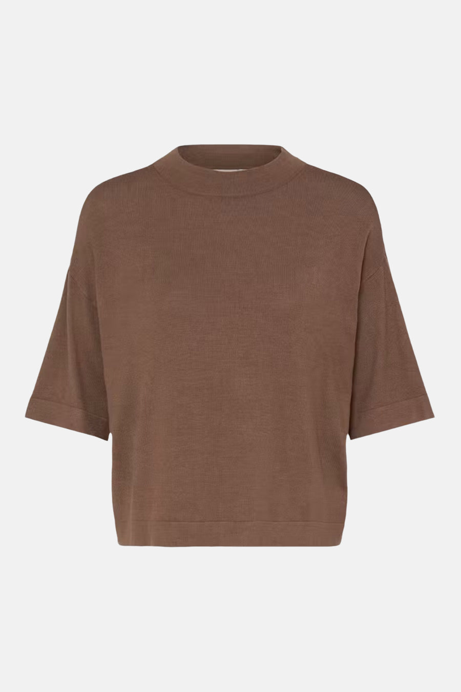 Brown ribbed knit O-neck pullover with short sleeves and relaxed fit, front view