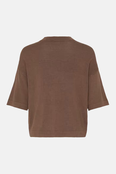 Brown O-neck sweater with ribbed texture and three-quarter sleeves, back view, cropped fit