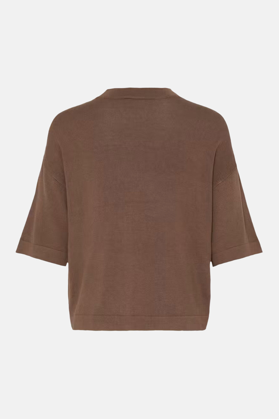 Brown O-neck sweater with ribbed texture and three-quarter sleeves, back view, cropped fit