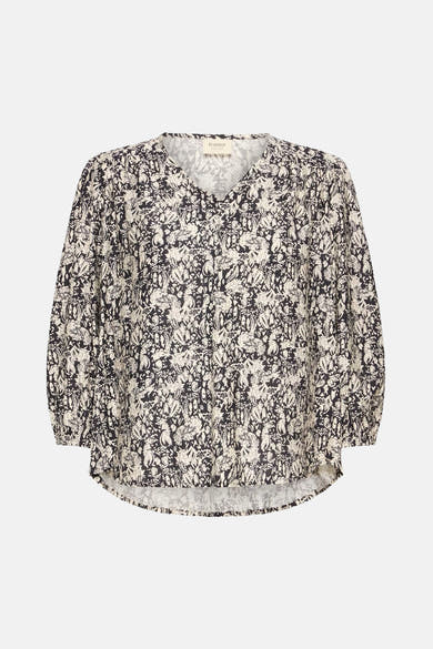 Multicolored short-sleeve blouse with floral print by fransa, featuring V-neck and relaxed fit, front view