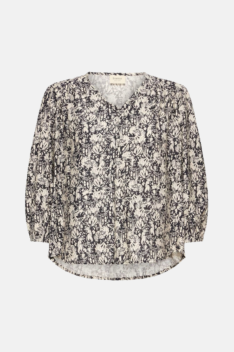 Multicolored short-sleeve blouse with floral print by fransa, featuring V-neck and relaxed fit, front view