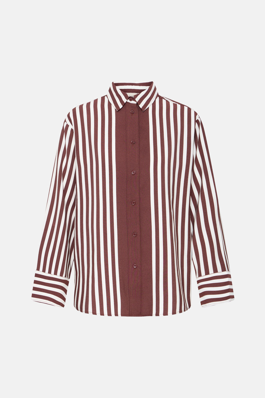 Chemise à manches longues multicolore à rayures verticales marron et blanches, par Fransa®, vue de face, boutonnée, col classique