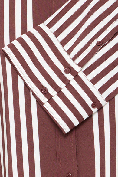 Chemise à manches longues multicolore à rayures verticales marron et blanches, par Fransa®, détail de poignet boutonné en vue rapprochée