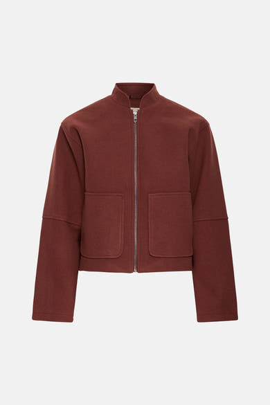 Veste courte marron par Fransa®, col montant, fermeture éclair argentée, deux poches avant, vue de face