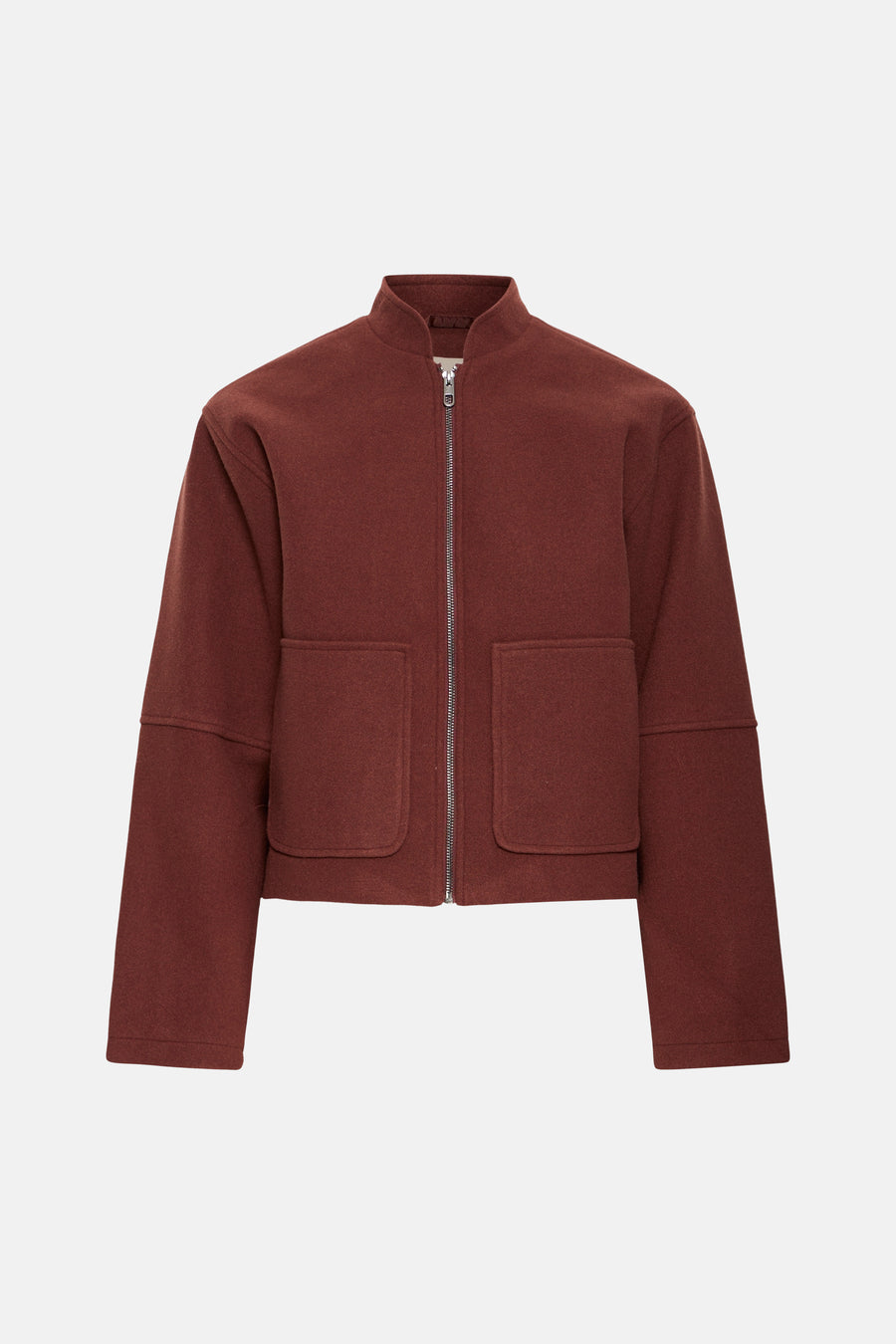Veste courte marron par Fransa®, col montant, fermeture éclair argentée, deux poches avant, vue de face