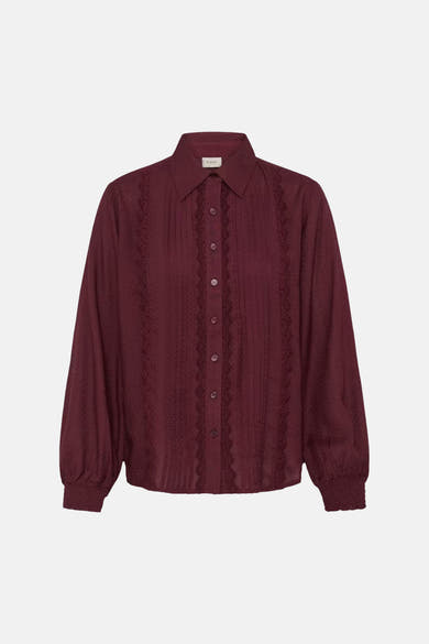 Bordeaux long-sleeve blouse with lace detailing and button front by Franser, featuring gathered cuffs and textured fabric, front view