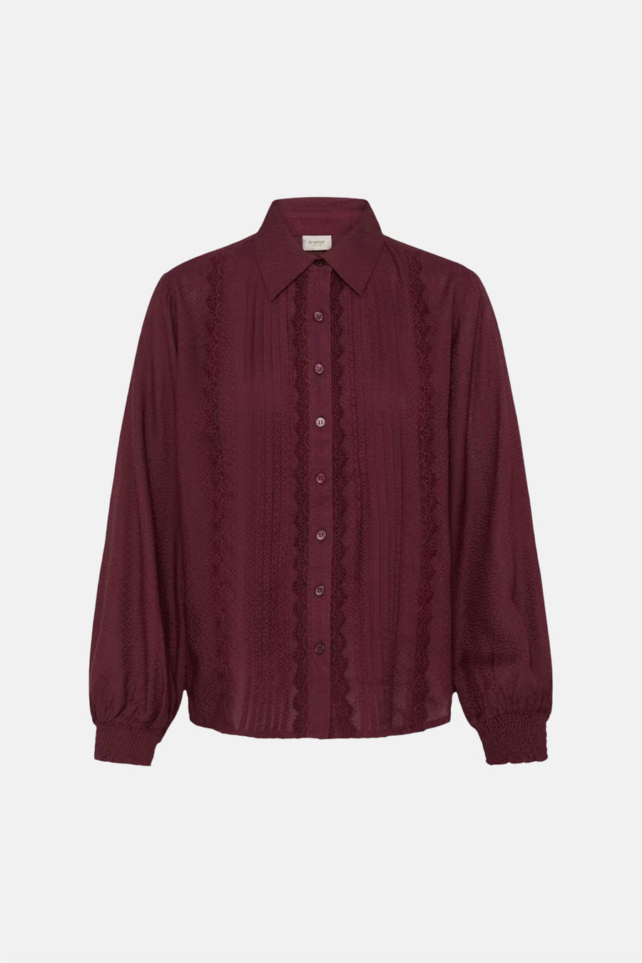 Bordeaux long-sleeve blouse with lace detailing and button front by Franser, featuring gathered cuffs and textured fabric, front view