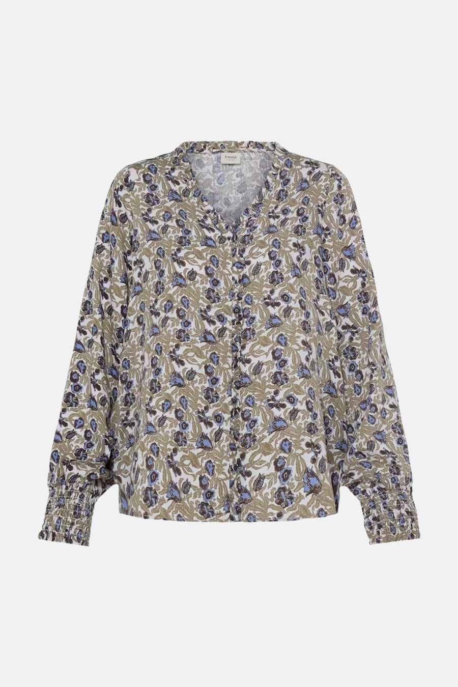 Multicolored long-sleeve blouse with floral pattern by franses, featuring V-neck and gathered cuffs, front view