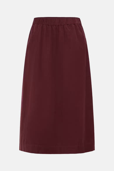 Burgundy corduroy midi skirt with elastic waistband, front view, casual style