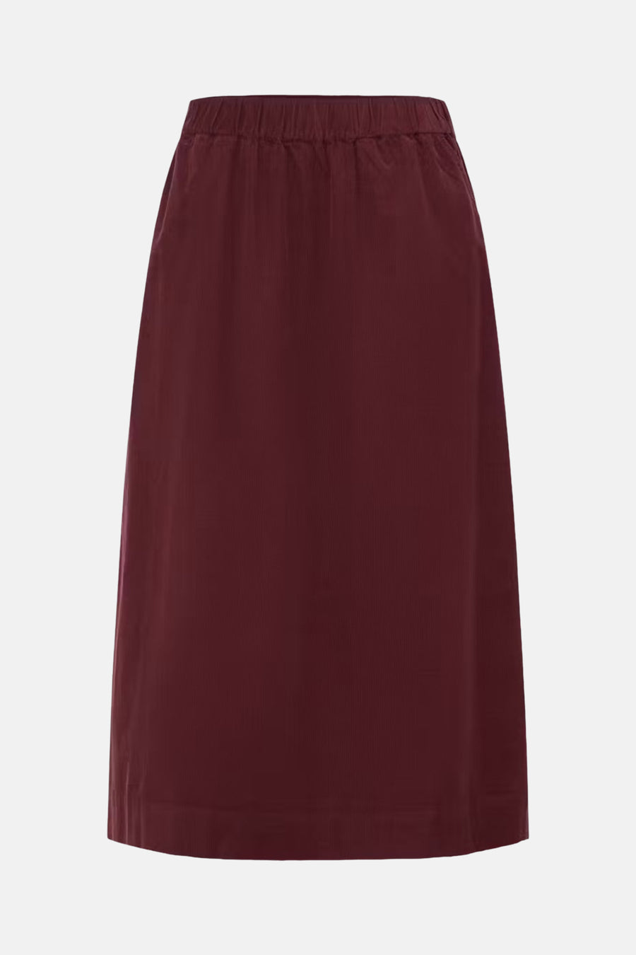 Burgundy corduroy midi skirt with elastic waistband, front view, casual style