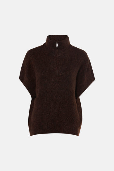 Gilet sans manches brun en matière texturée, par Fransa®, col montant avec zip discret, vue de face.