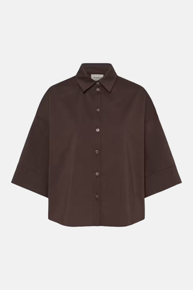 Brown long-sleeve shirt with button-down front and classic collar by fransar, shown in front view with relaxed fit and smooth fabric texture.