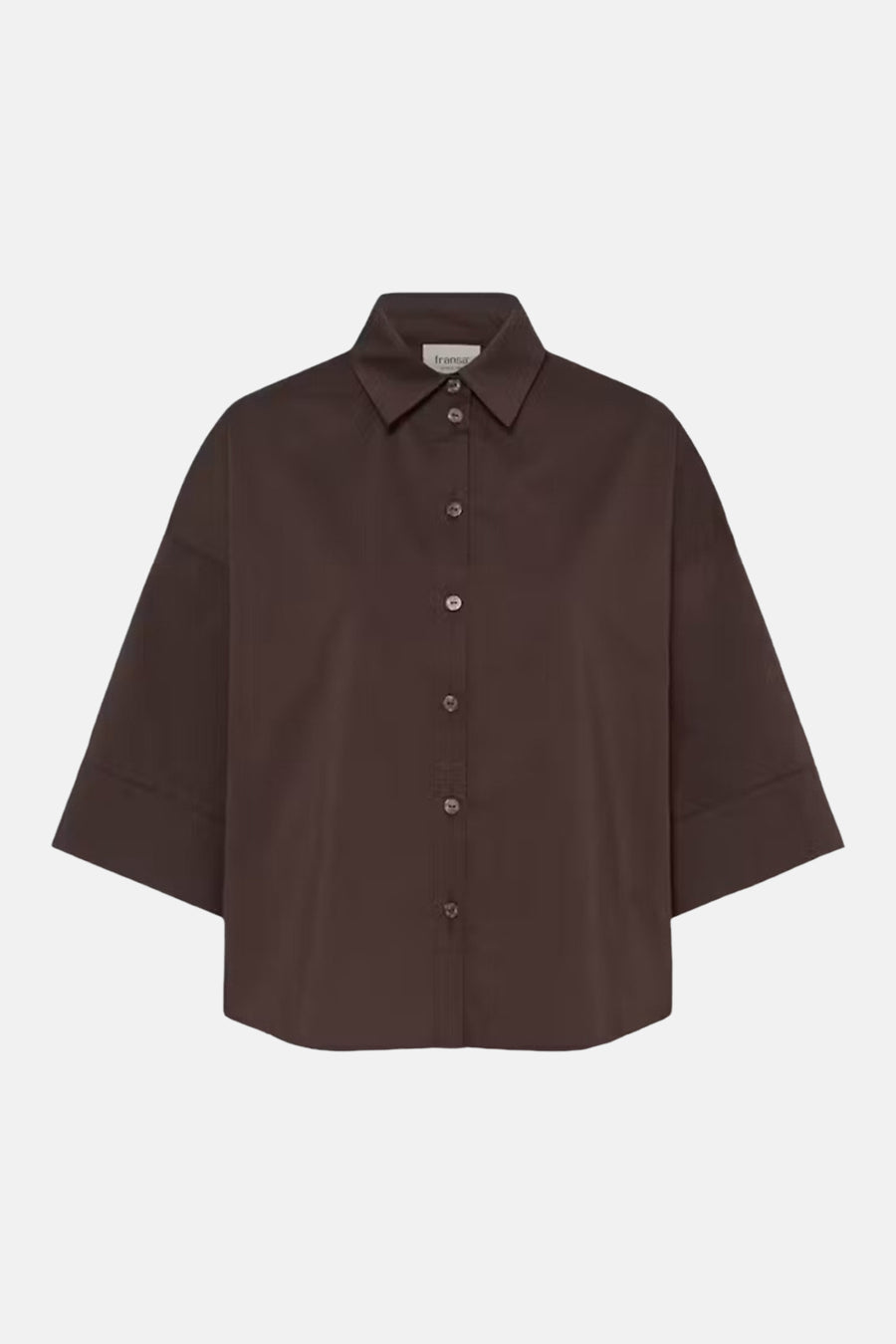 Brown long-sleeve shirt with button-down front and classic collar by fransar, shown in front view with relaxed fit and smooth fabric texture.