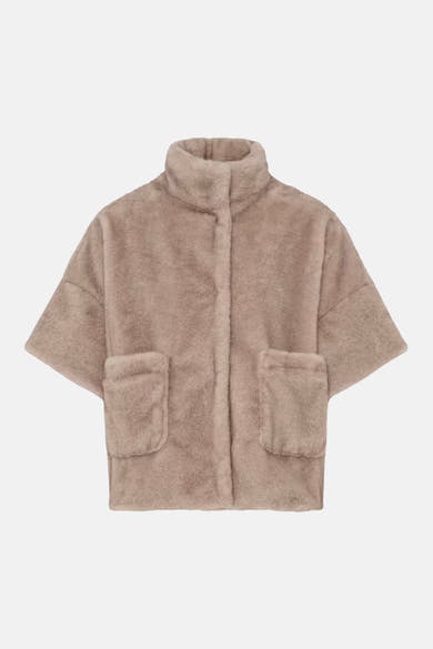 Beige fuzzy short coat with high collar and front pockets, front view