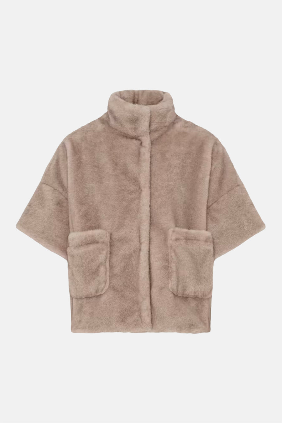 Beige fuzzy short coat with high collar and front pockets, front view
