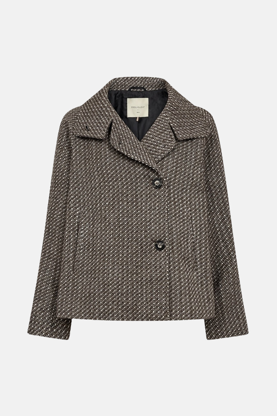 Veste courte taupe de FREEQUENT, à motif chevron, avec fermeture à deux boutons.