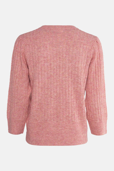 Pull rose à col rond de FREEQUENT, en maille côtelée avec des manches longues bouffantes.