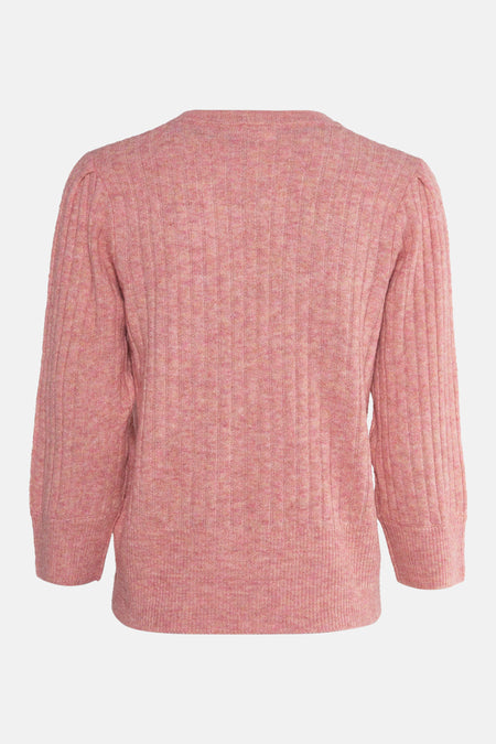 Roze trui met ronde hals van FREEQUENT, in geribbelde stof met lange pofmouwen.
