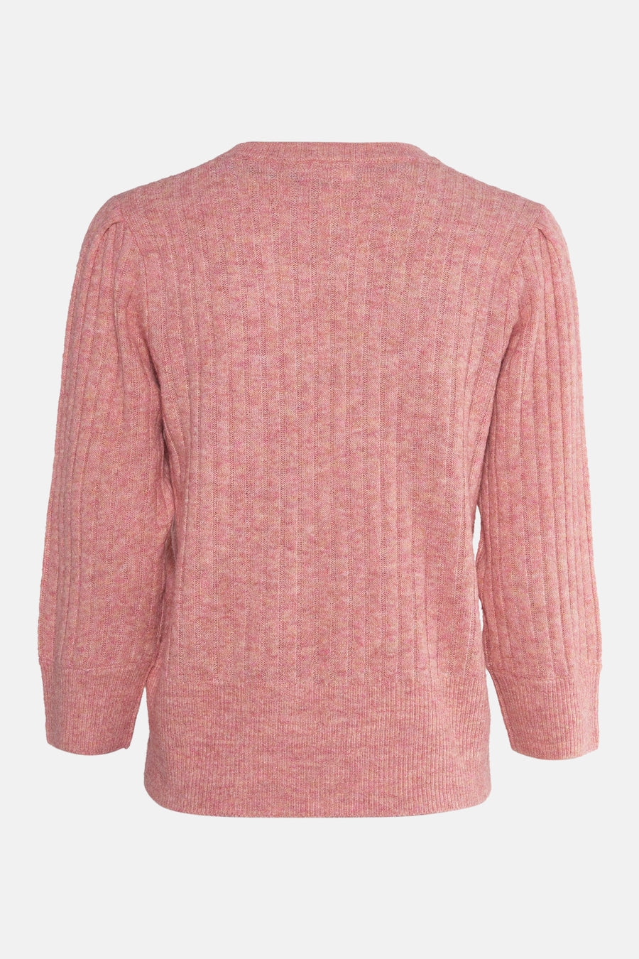 Pull rose à col rond de FREEQUENT, en maille côtelée avec des manches longues bouffantes.
