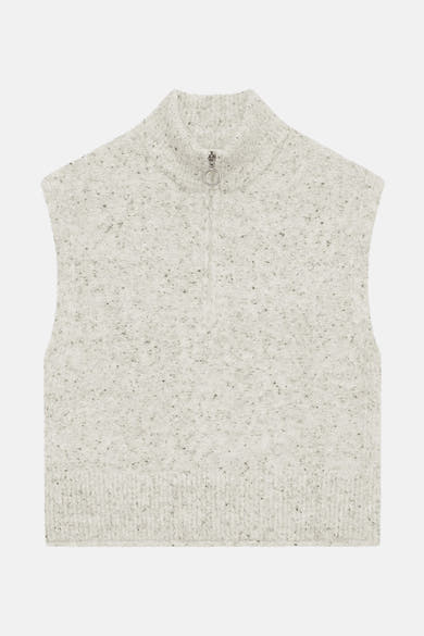 Beige gebreid mouwloos shirt van Freequent met een opstaande kraag met rits en een gespikkeld textuur.