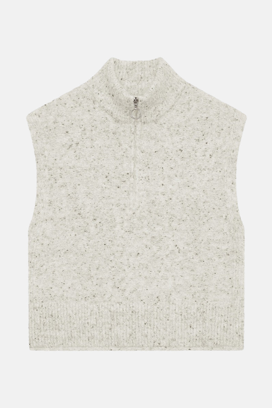 Beige gebreid mouwloos shirt van Freequent met een opstaande kraag met rits en een gespikkeld textuur.
