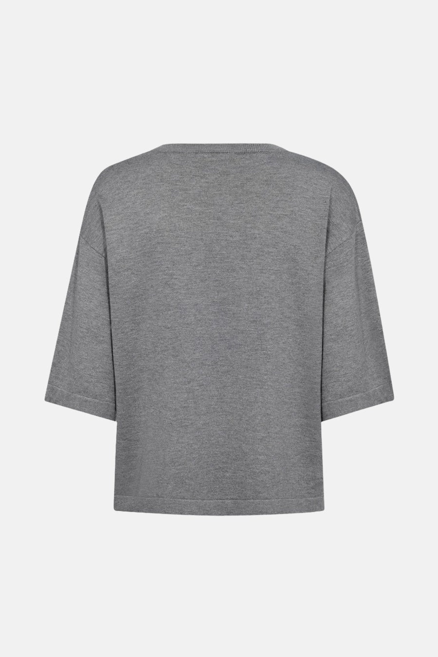 Pull à col rond gris de FREEQUENT, avec manches courtes et texture tricotée fine, vue de dos.
