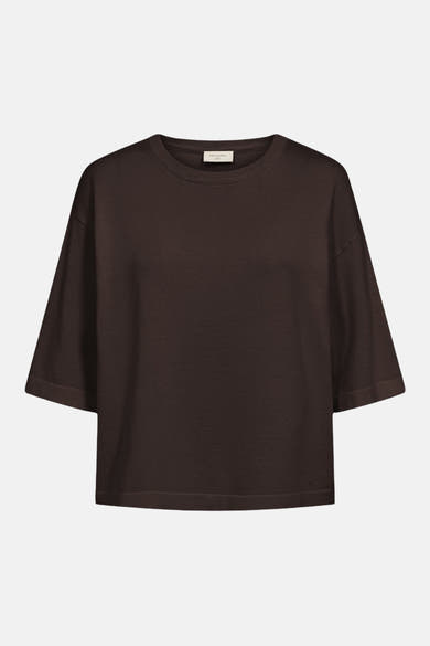 Brown crewneck sweater with ribbed trim and relaxed fit, by The Moment, front view on white background