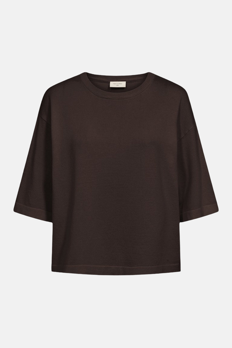 Brown crewneck sweater with ribbed trim and relaxed fit, by The Moment, front view on white background