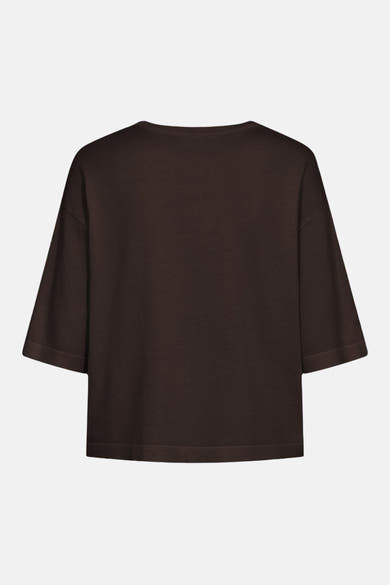Brown O-neck sweater with three-quarter sleeves, back view, ribbed hem and cuffs, soft knit texture