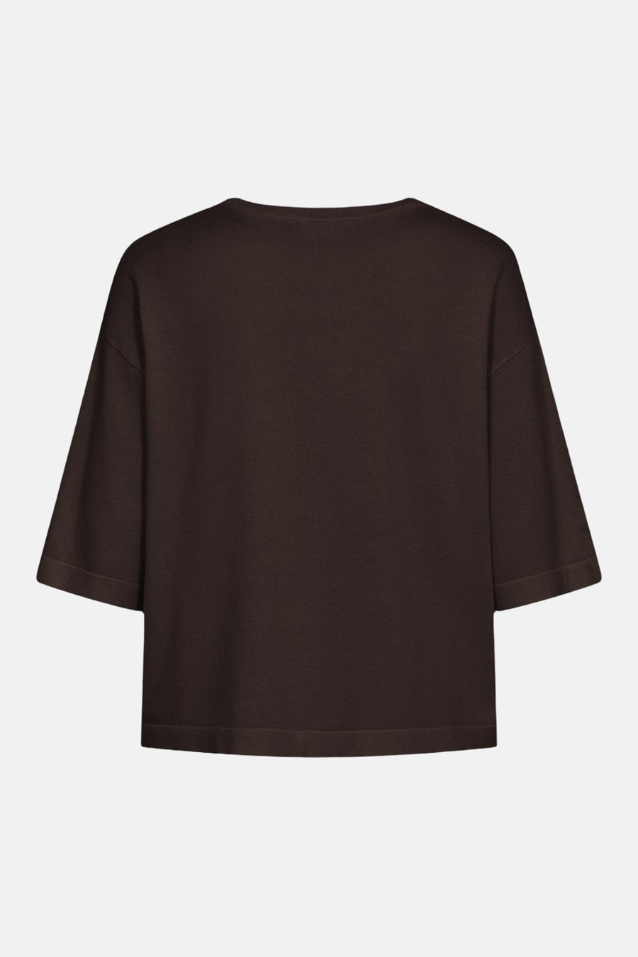 Brown O-neck sweater with three-quarter sleeves, back view, ribbed hem and cuffs, soft knit texture