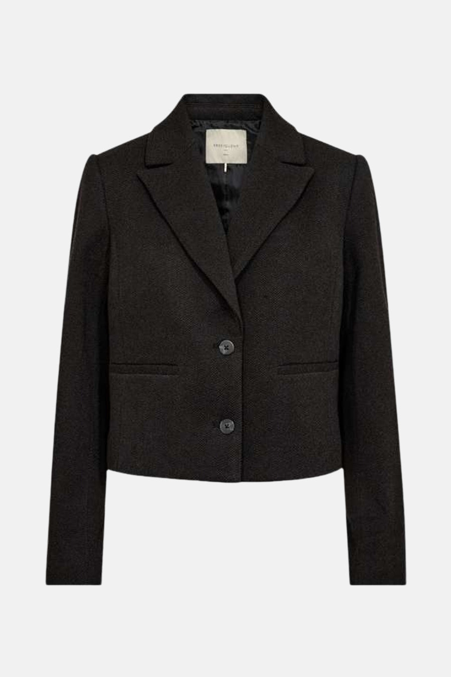 Korte gemêleerde grijze blazer van FREEQUENT, met twee knopen en paspelzakken.