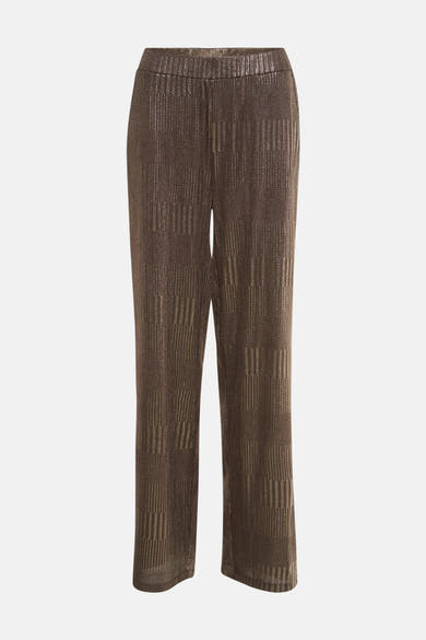 Taupe geplooide broek van FREEQUENT, met elastische tailleband, in glanzende stof met verticale strepen.