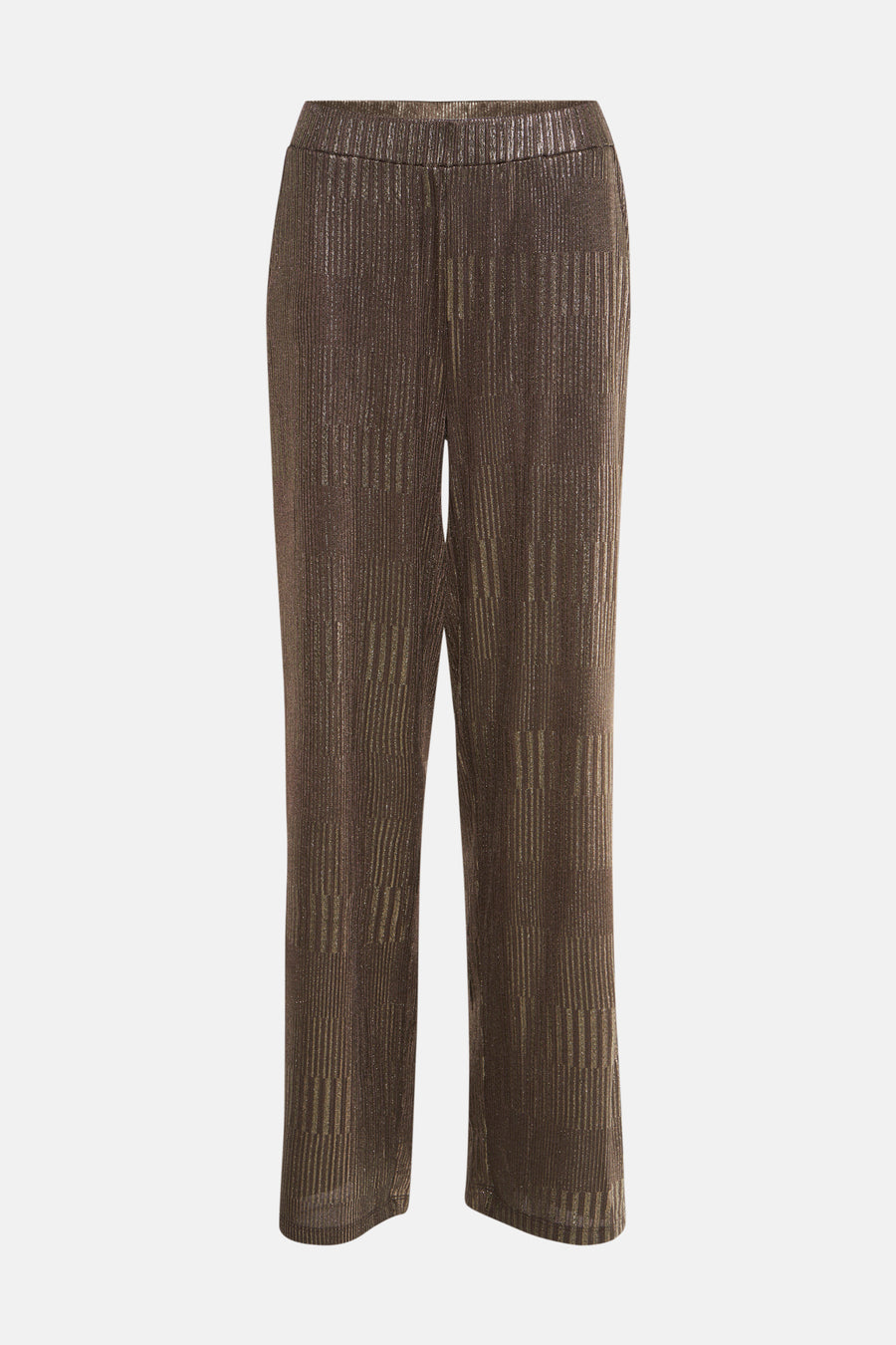 Taupe geplooide broek van FREEQUENT, met elastische tailleband, in glanzende stof met verticale strepen.