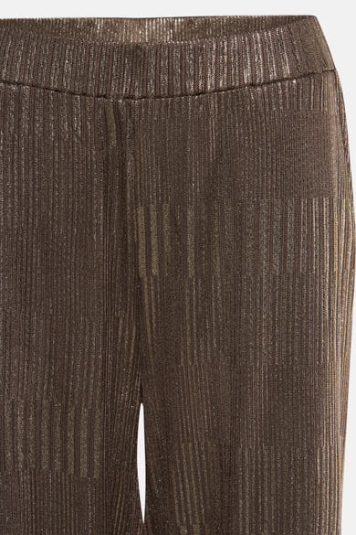 Pantalon taupe plissé de FREEQUENT, avec taille élastique, en tissu brillant à rayures verticales.