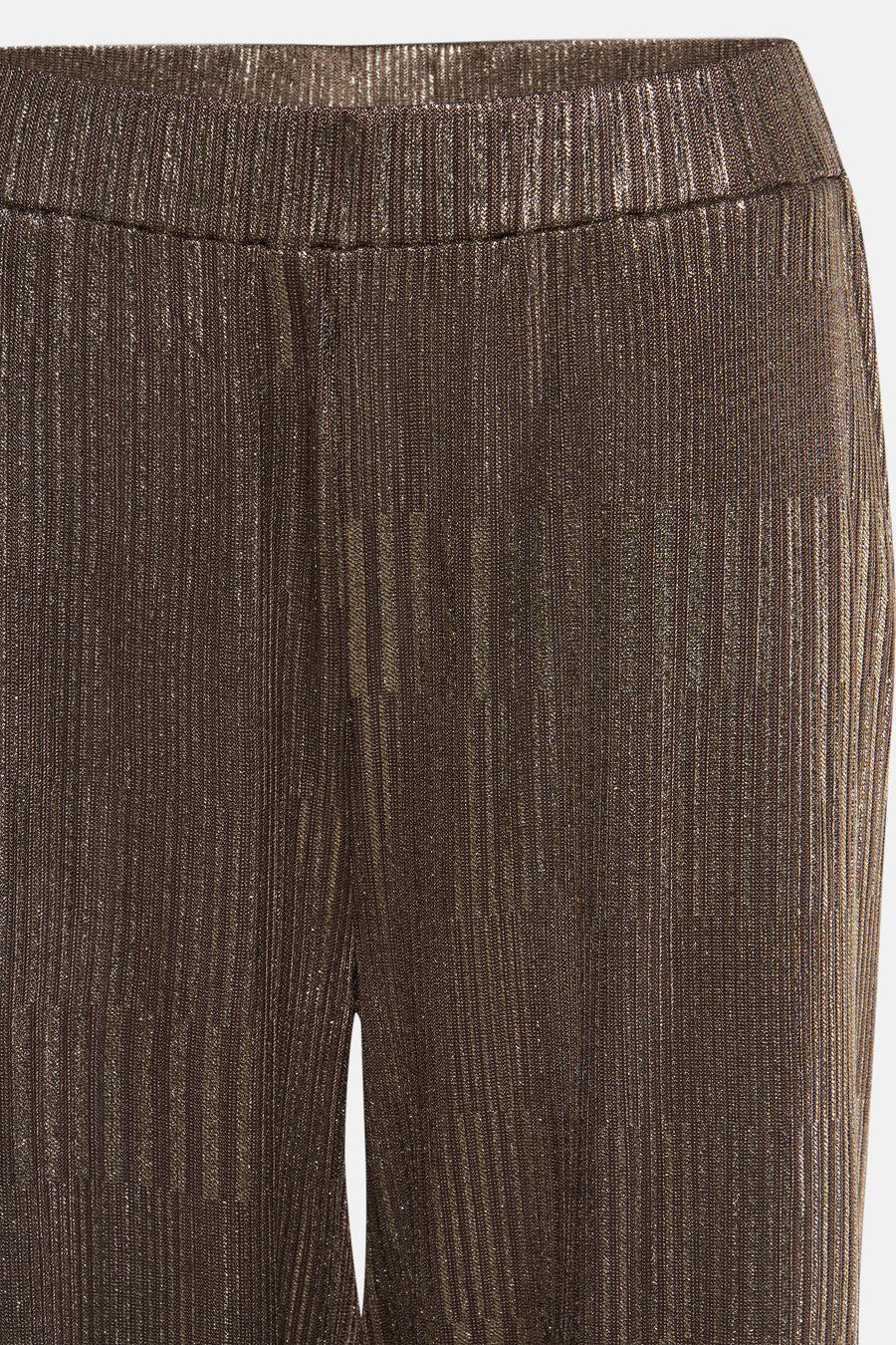 Pantalon taupe plissé de FREEQUENT, avec taille élastique, en tissu brillant à rayures verticales.