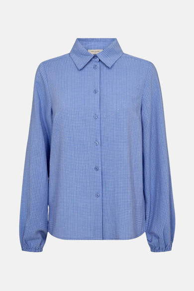Chemise à manches longues bleue de FREEQUENT, à motif quadrillé, avec manches ballon et boutons.
