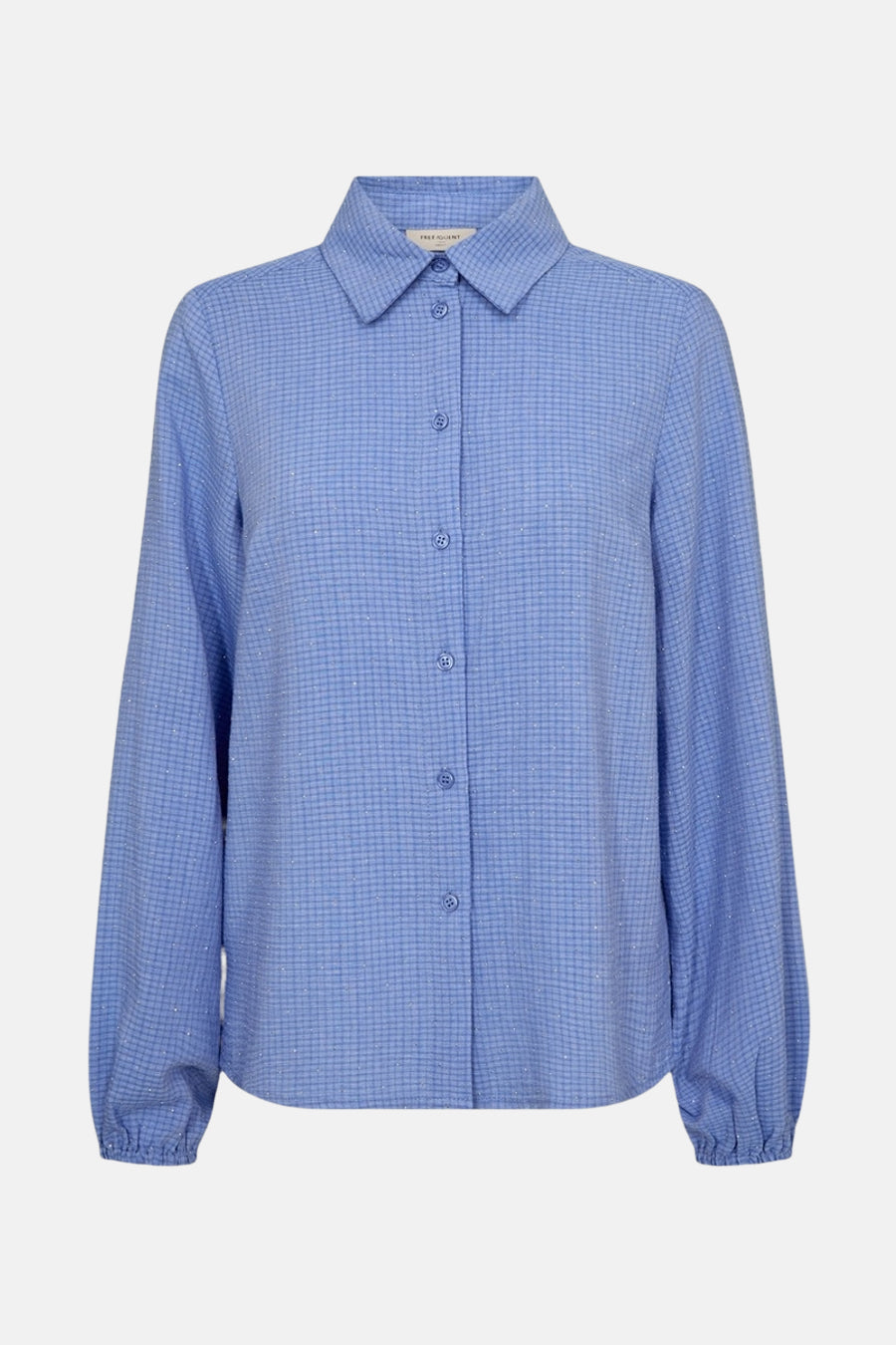 Chemise à manches longues bleue de FREEQUENT, à motif quadrillé, avec manches ballon et boutons.
