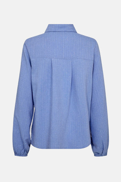 Blauwe blouse met lange mouwen van FREEQUENT, geruit met glinsterende details, achterkant.