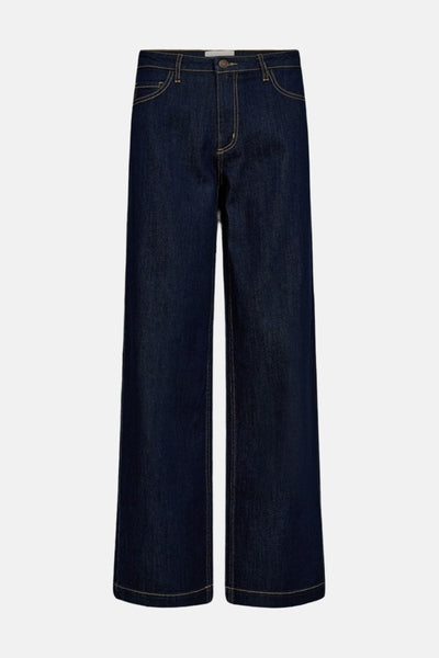 Wijde jeans in donkerblauw denim van FREEQUENT, met zichtbare camelkleurige stiksels.