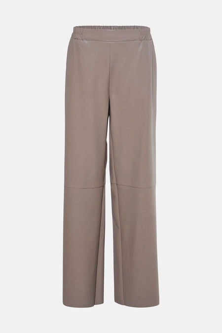 Beige broek van imitatieleer van FREEQUENT, rechte pasvorm met elastische tailleband.