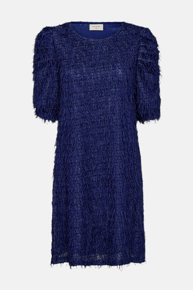 Blauwe jurk met korte mouwen van FREEQUENT met getextureerde details en een rechte pasvorm.