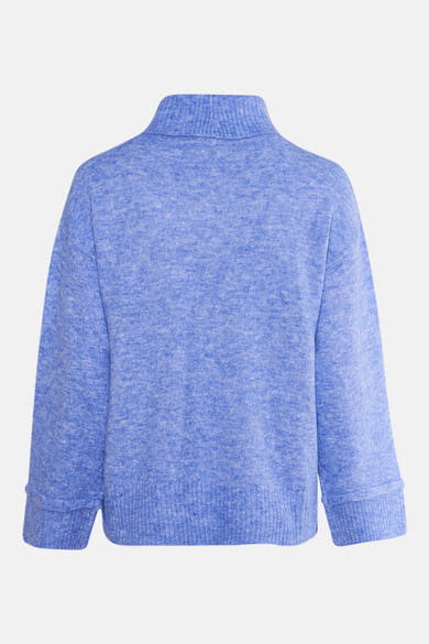 Blauwe coltrui van FREEQUENT, in textuurgebreid, achterzijde.