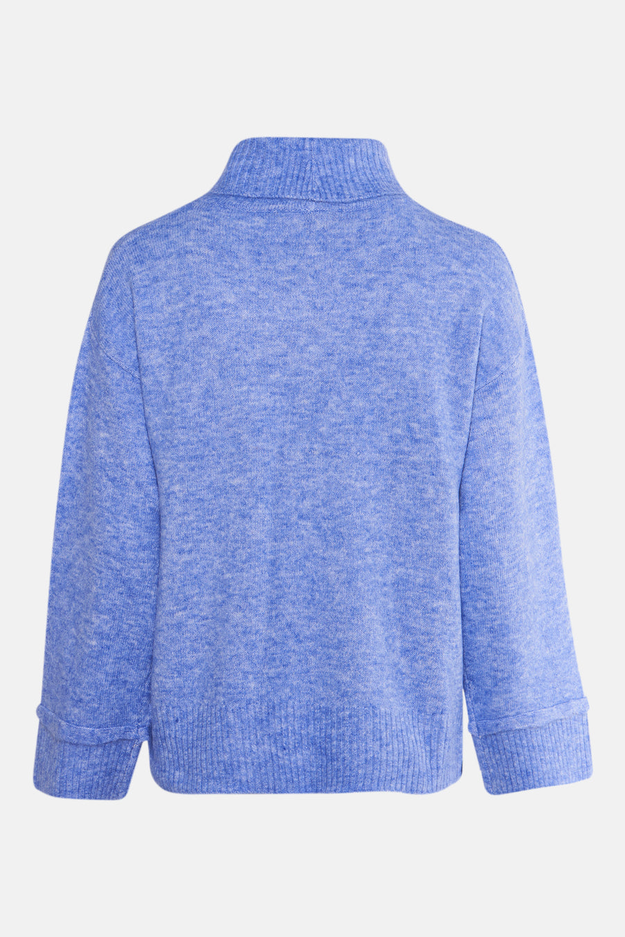 Blauwe coltrui van FREEQUENT, in textuurgebreid, achterzijde.