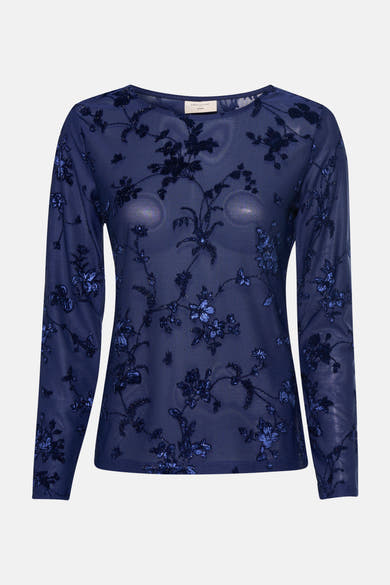Blauwe T-shirt met lange mouwen van FREEQUENT, met geborduurd bloemenpatroon en glinsterende details.