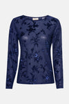 Blauwe T-shirt met lange mouwen van FREEQUENT, met geborduurd bloemenpatroon en glinsterende details.